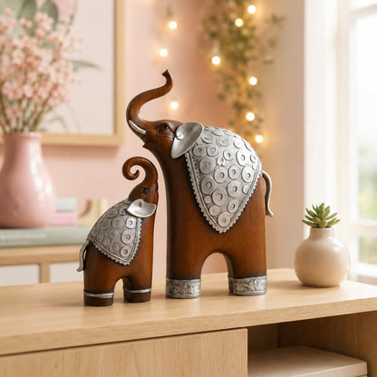 Thai Style Elephant Figurines Mother & Child Elephant Fengshui Resin Sculptures for Home Decor Ornament - (Set of 2, Brown)