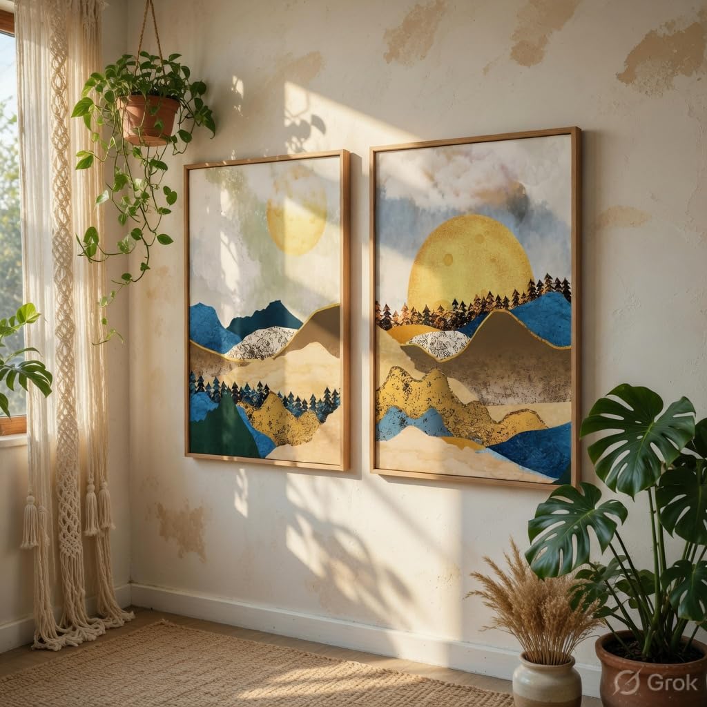Abstract Mountain Landscape Wall Painting Set of 2 with Wooden Frames | Modern Sun Mountain Artwork HD Sparkle Laminated MDF Wall Decor | Nature Wall Art for Living Room