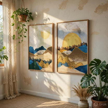 Abstract Mountain Landscape Wall Painting Set of 2 with Wooden Frames | Modern Sun Mountain Artwork HD Sparkle Laminated MDF Wall Decor | Nature Wall Art for Living Room