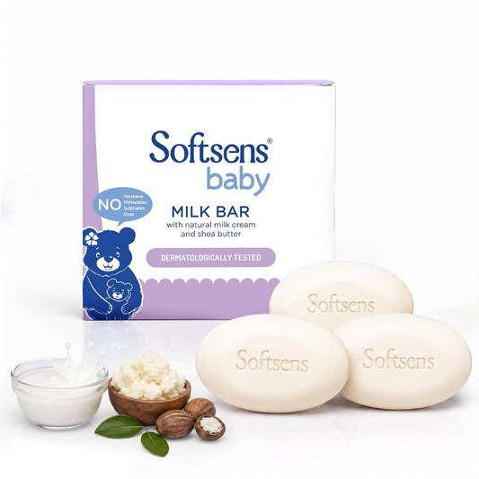Softsens Baby Milk Bar Soap 100g each x 3 (300g) | Gentle Cleansing & Moisturizing | With Natural Milk Cream & Shea Butter | Dermatologically Tested, Hypoallergenic & Free from Parabens, SLS & SLES