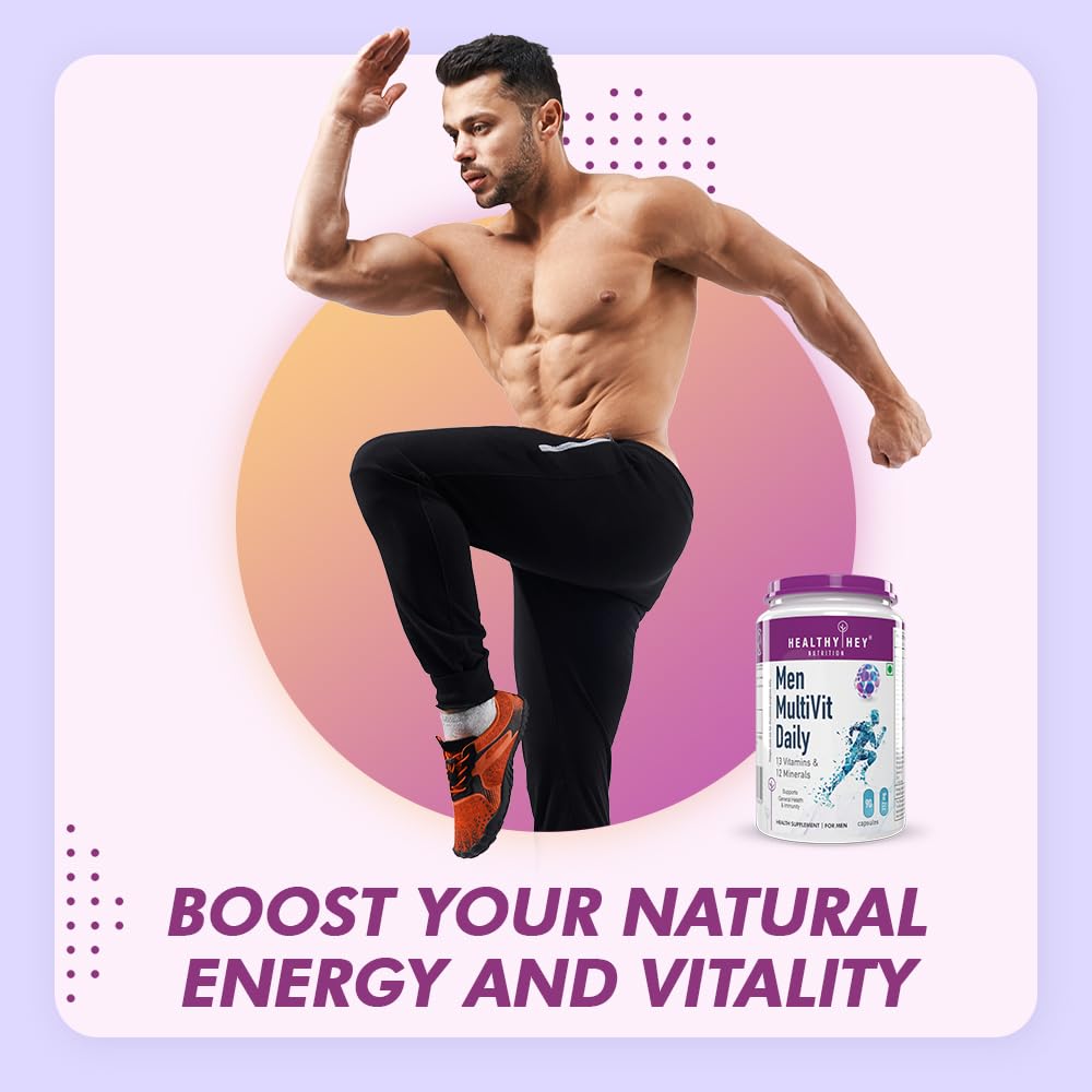 Man in athletic pose with Men MultiVit Daily supplement bottle on a gradient background