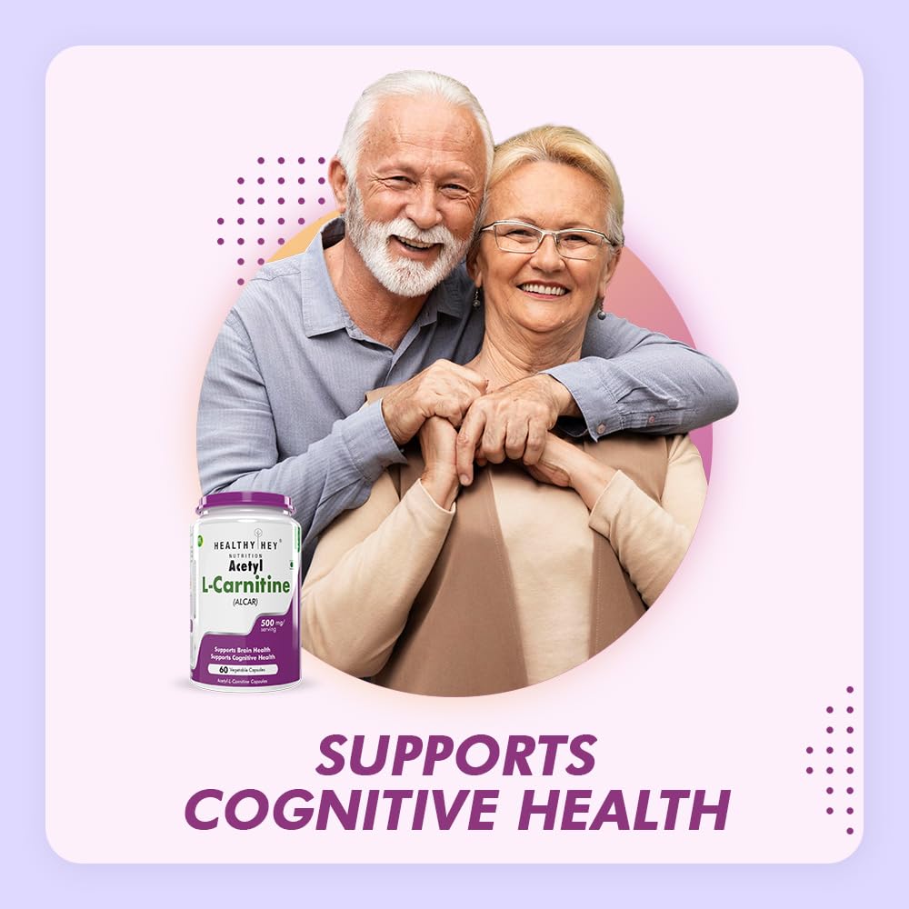 Two elderly people hugging with a bottle of Aetyl L-Carnitine in the foreground on a light purple background.