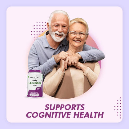 Two elderly people hugging with a bottle of Aetyl L-Carnitine in the foreground on a light purple background.