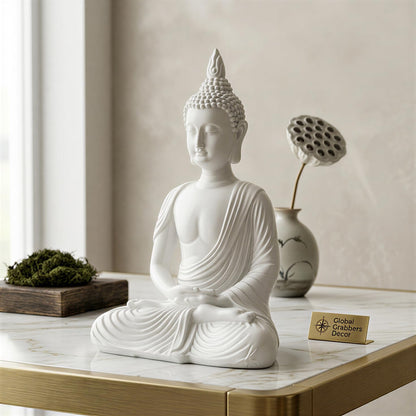 New Sitting Meditating Buddha Statue showpiece Idol Home Decor Items for Living Room and Gifts (White)