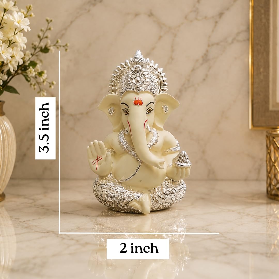 Gold Art Indiagold And Silver Plated Ganesha Idol Silver Chandan Ganesh Idol For Car Dashboard Ganesha Murti Ganpati Idol For Home Decor Puja Lord Ganesh Statue Gift For Office Desk Puja Room Figurine