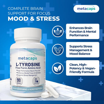 MetaCaps Pure L-Tyrosine 500mg – 90 Veg Capsules | High-Potency Amino Acid for Brain Support | Enhances Focus, Mental Clarity & Alertness | Stress Management & Mood Balance | Non-GMO & Vegan