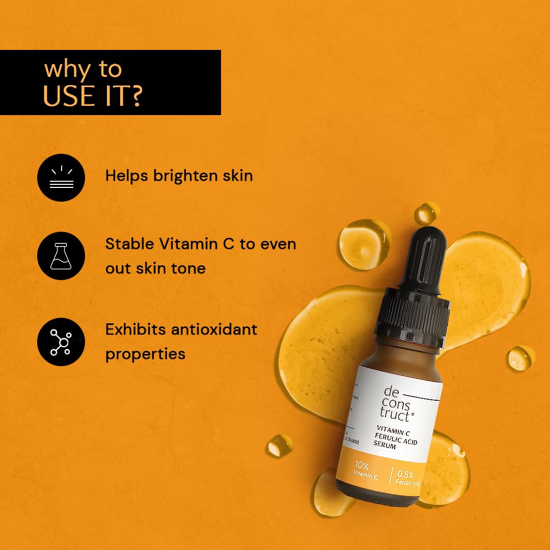 Vitamin C serum bottle with benefits on an orange background