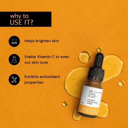 Vitamin C serum bottle with benefits on an orange background