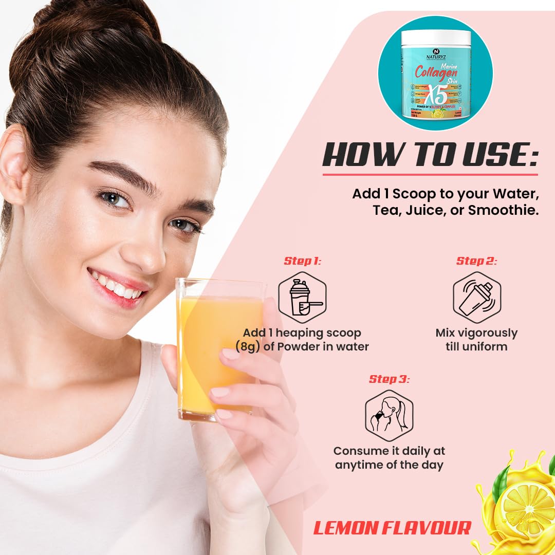 Woman holding a glass of lemon-flavored drink with product packaging and usage instructions on a pink background.