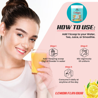 Woman holding a glass of lemon-flavored drink with product packaging and usage instructions on a pink background.