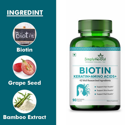 Simply Herbal Natural Biotin Vitamin B7 Capsules for Hair & Skin Enriched With Keratin + Multivitamin + Amino For Men Women (90 Capsules)