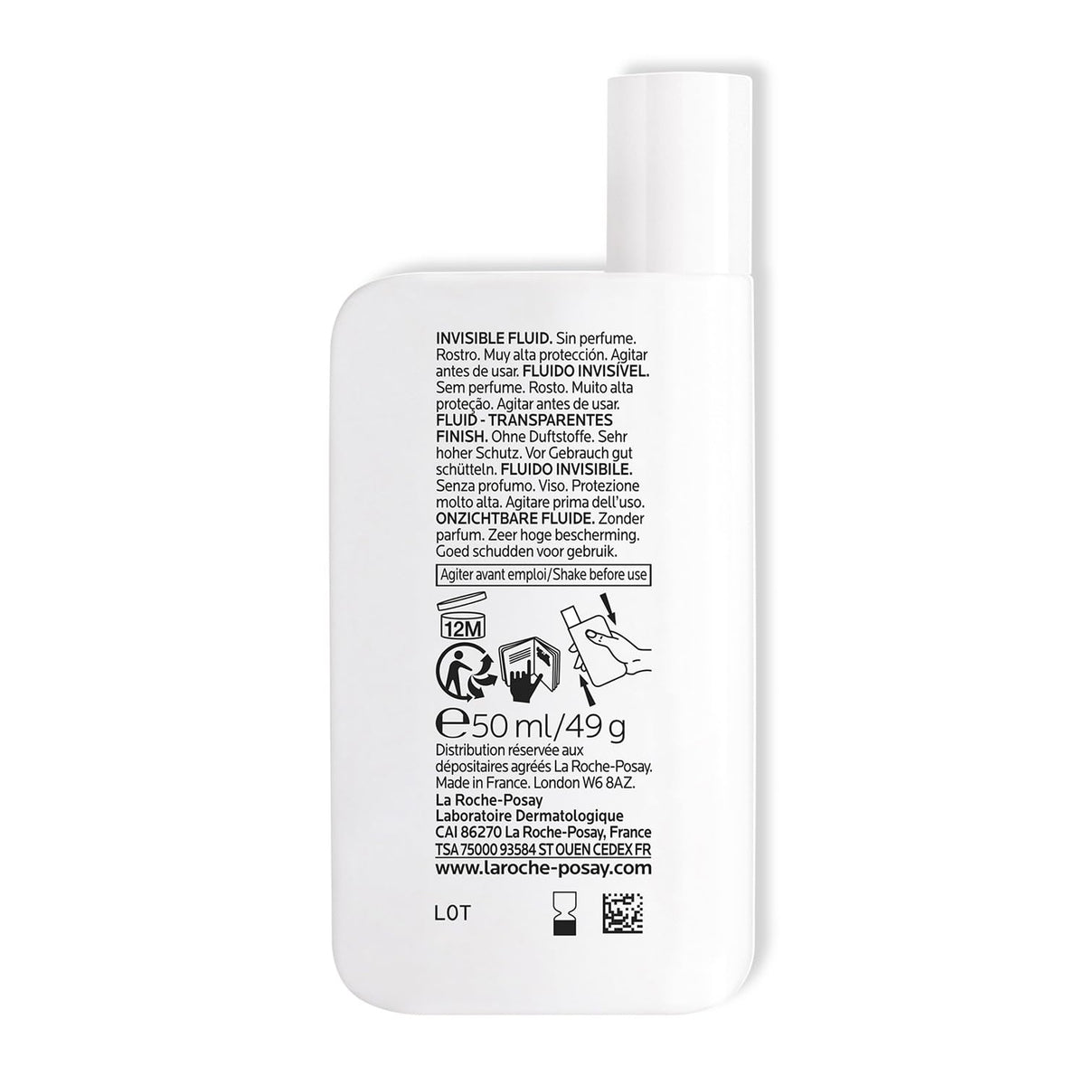 White bottle with text and icons on a white background