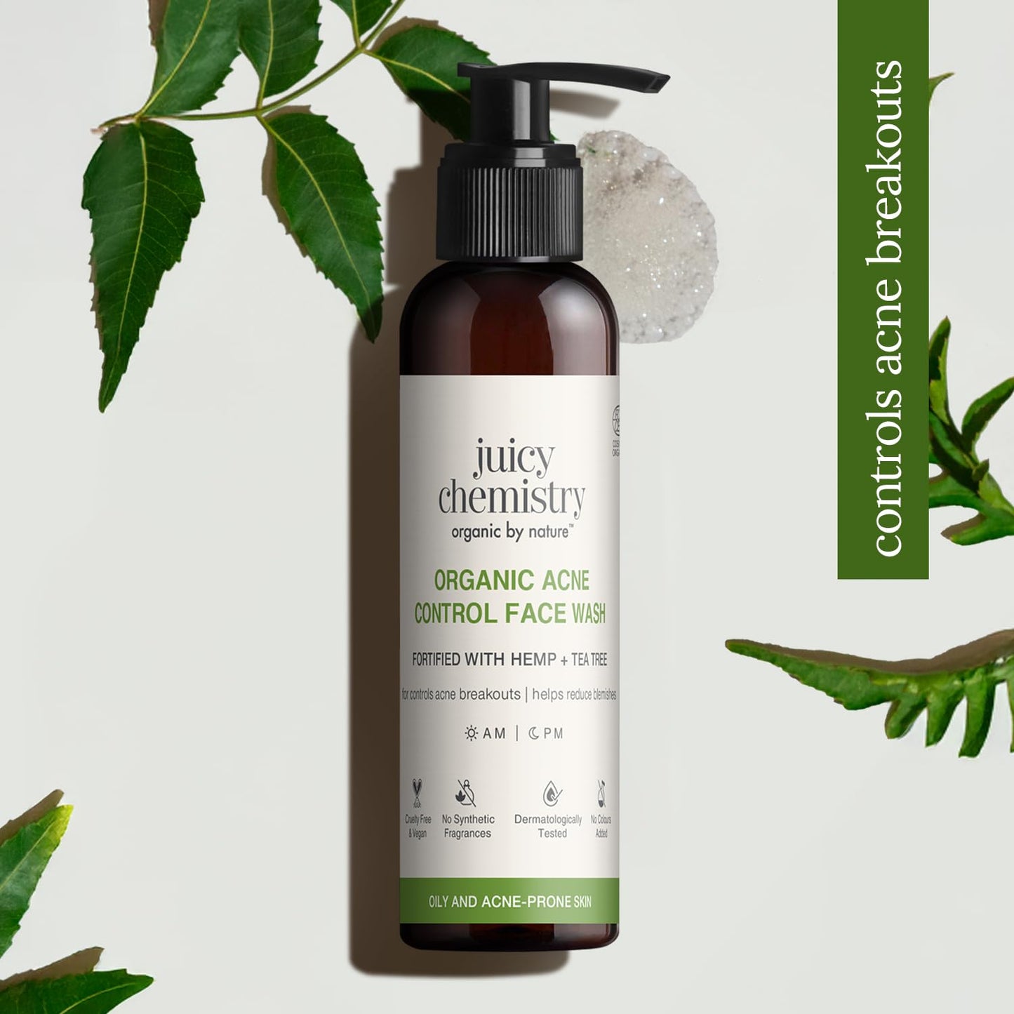 Juicy Chemistry Certified Organic Acne Control Face Wash with Hemp & Tea Tree, 110 ml | Reduces Blackheads | Evens Skin Tone & Restores Glow | Deeply Cleanses & Removes Impurities | Dermatologically Tested