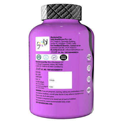 Purple supplement bottle with label on a white background