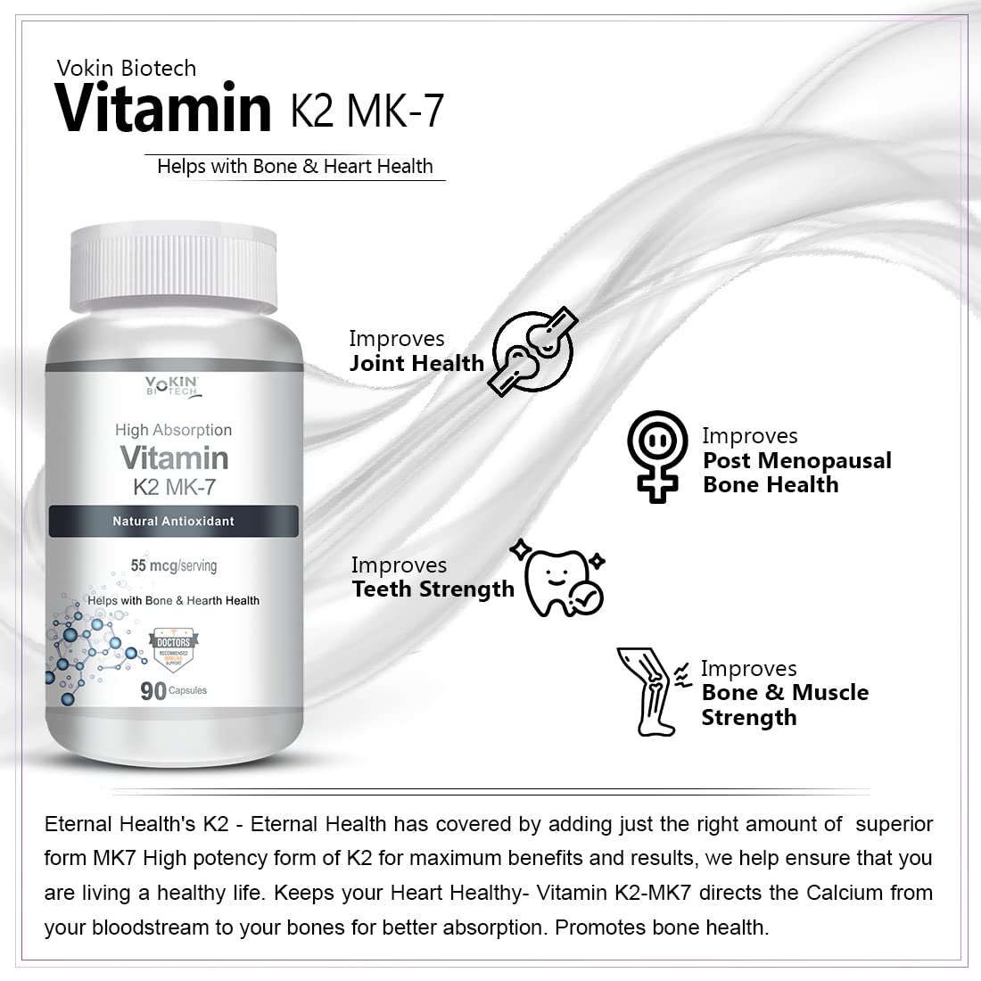 Vitamin K2 MK-7 supplement bottle with health benefits on a white background