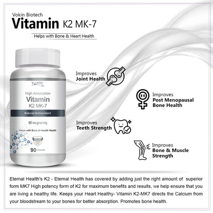 Vitamin K2 MK-7 supplement bottle with health benefits on a white background
