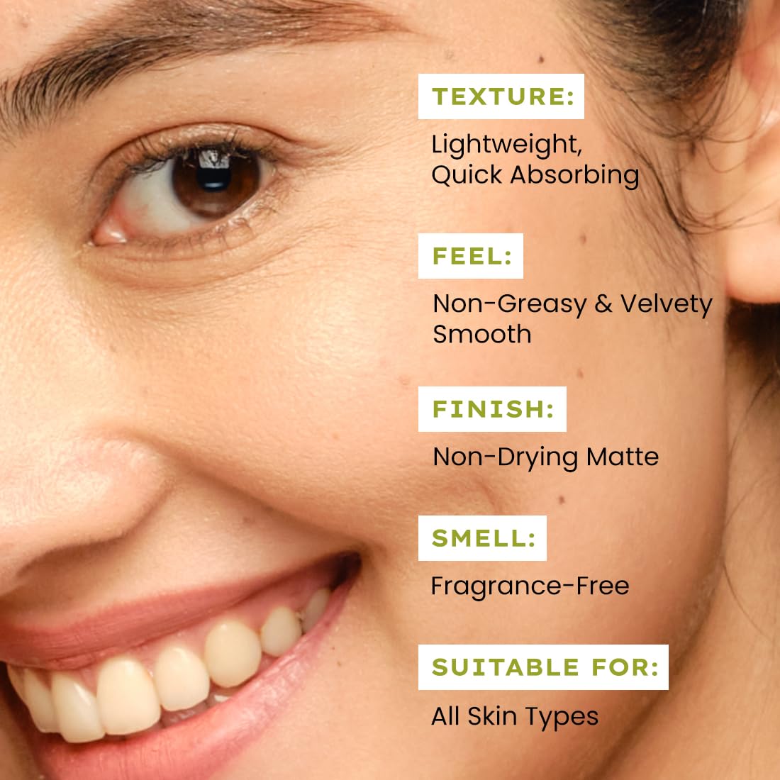 Close-up of a woman's face with skincare product features listed.
