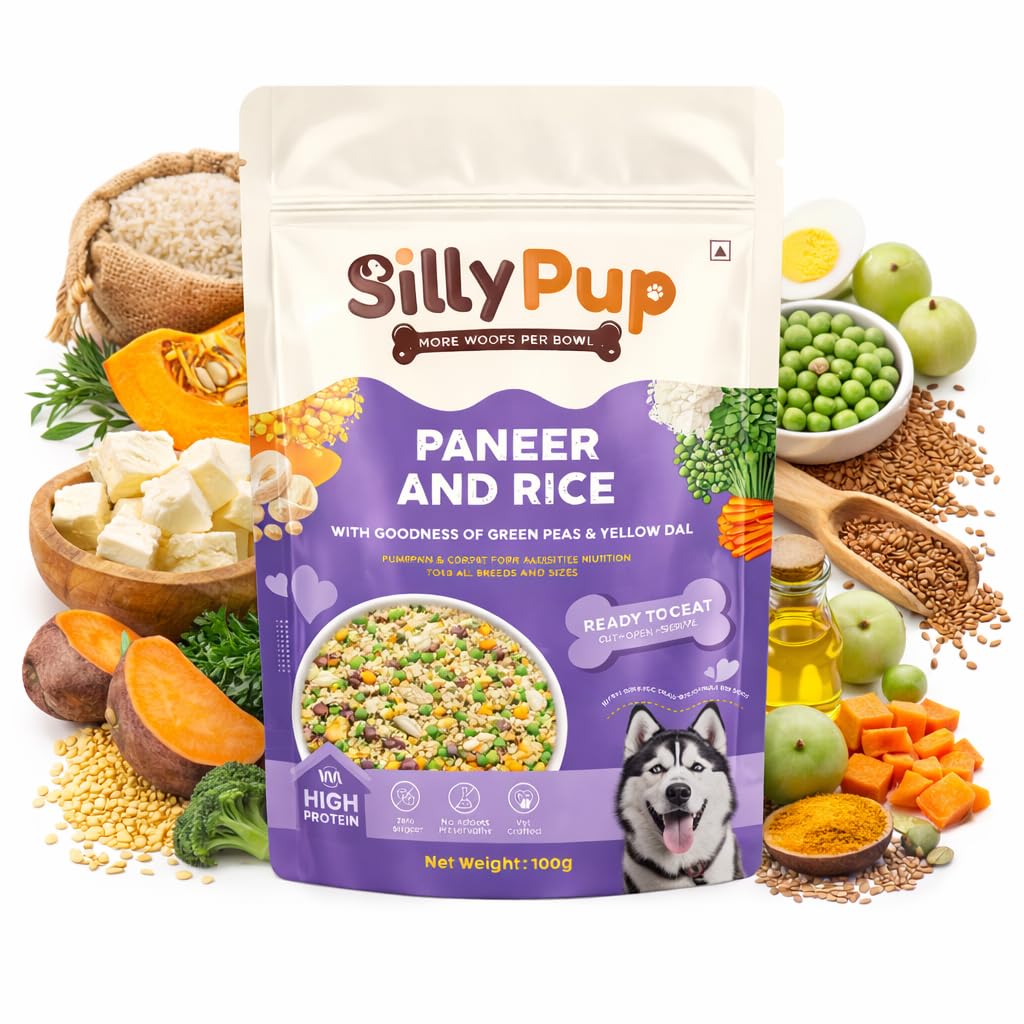 Silly Pup Paneer Dog Wet Food | Gently Cooked - Vegetarian | Real Paneer, Yellow Dal & Basmati Rice | Turmeric, Ashwagandha & Chia Seeds | Real Ingredients | Vet Crafted | 100g (1 Pouch - 100g)