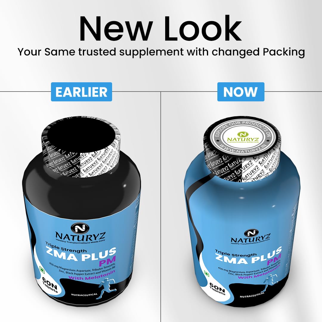 Comparison of NaturaZ's ZMA Plus PM supplement packaging, earlier and now, on a white background.