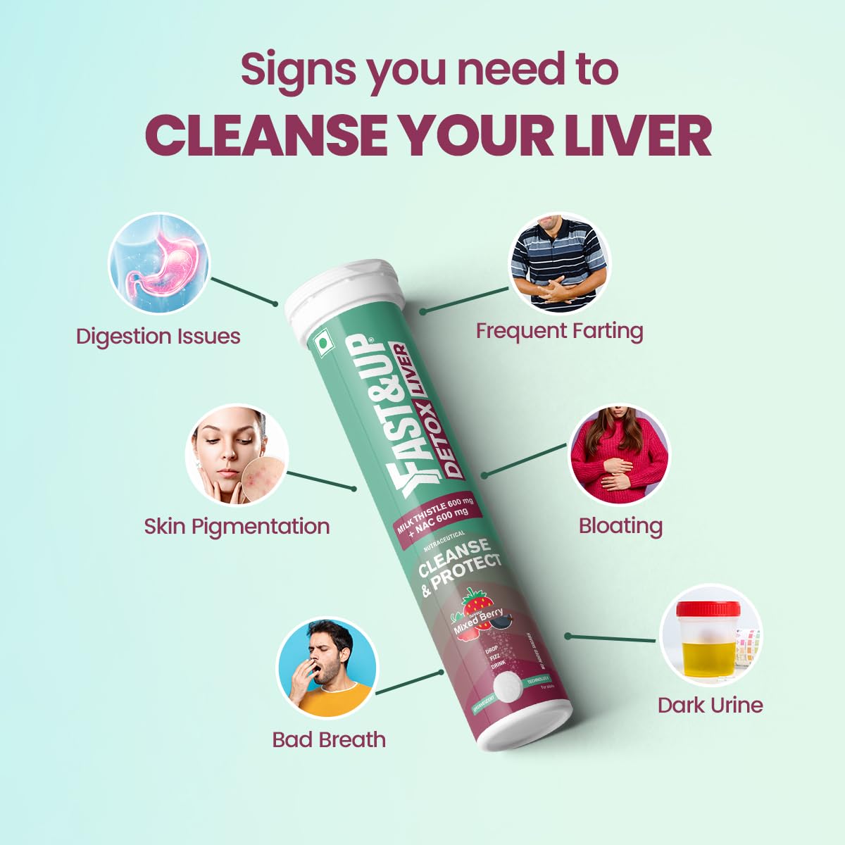 Yeastup Detox Liver supplement with symptoms of liver cleansing on a light green background