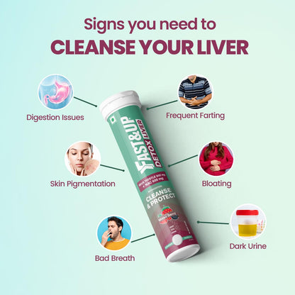 Yeastup Detox Liver supplement with symptoms of liver cleansing on a light green background