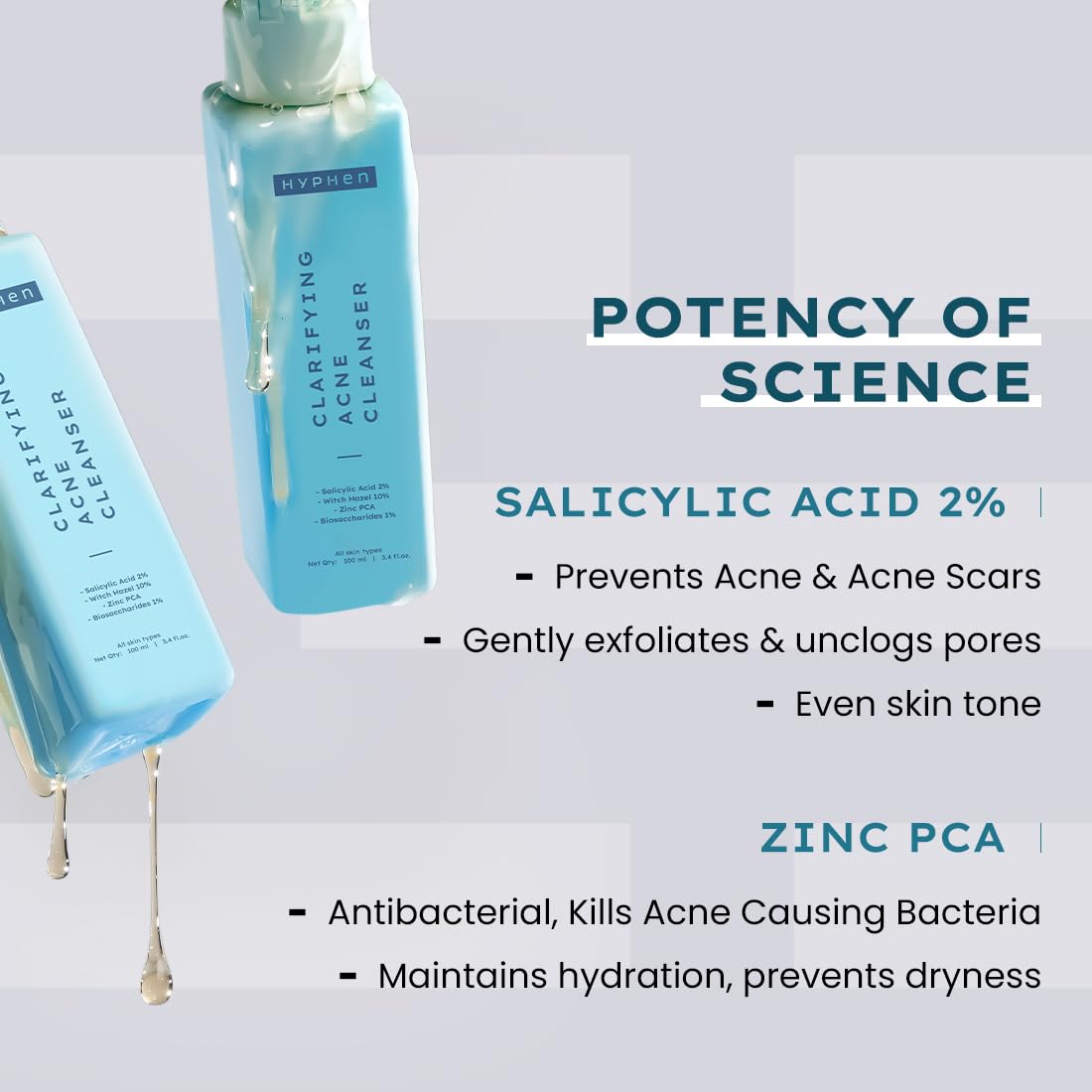 Two bottles of a skincare product with text detailing its ingredients and benefits on a light background.