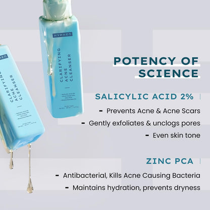 Two bottles of a skincare product with text detailing its ingredients and benefits on a light background.