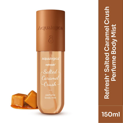 Aqualogica Refresh+ Perfume Body Mist - Salted Caramel Crush | Mouthwatering Gourmand Scent | Long Lasting Fragrance | Double Duty for Hair & Body | Non-Irritating & Hydrating | Infused with Zemea & Hyaluronic Acid | For Men & Women | 150 ml
