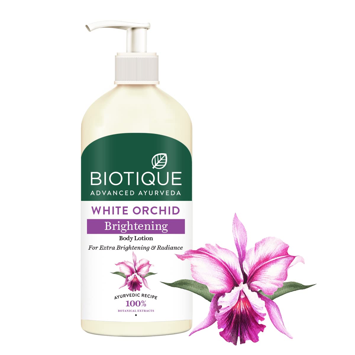 Biotique White Orchid Brightening Body Lotion with a pink orchid on a white background