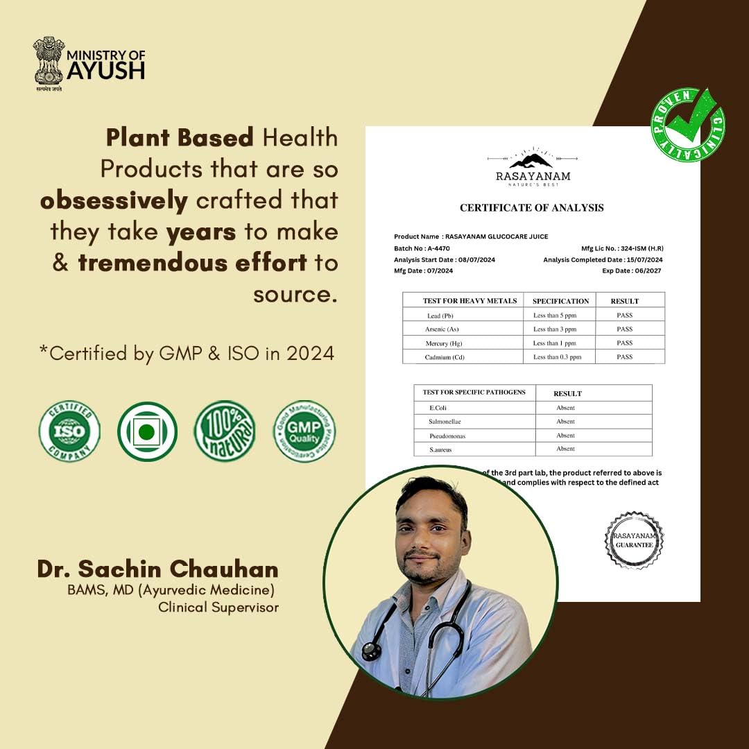 Certified plant-based health product with a certificate of analysis, Dr. Sachin Chauhan's profile, and certification logos on a beige background.