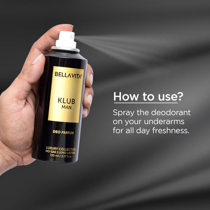 Hand holding a Bellavita Klub Man deodorant spray with usage instructions on a dark background