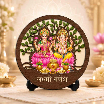 Plan To Gift Lakshmi Ganesh Wooden Murti for Home Mandir, Prayer Room, Table Top Decor & Spiritual Gifting - 5x5 Inch