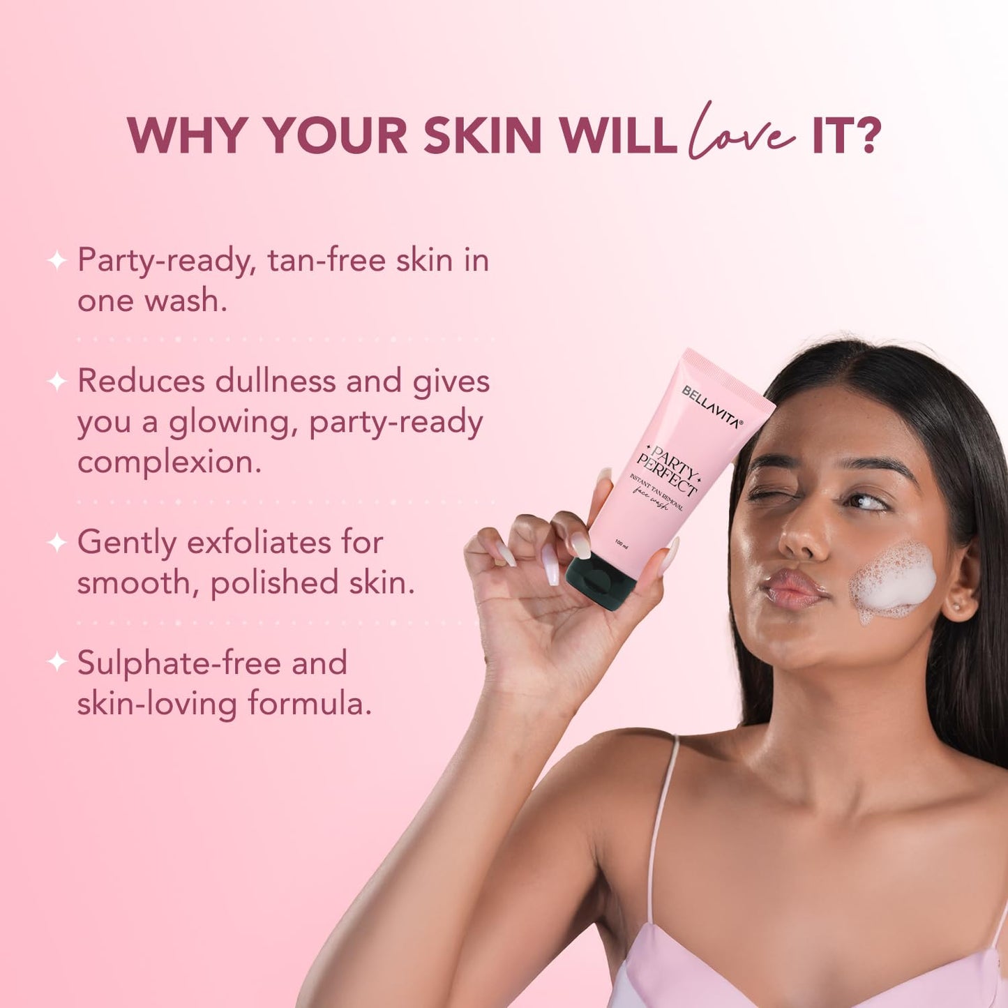 Woman holding a skincare product with text on a pink background