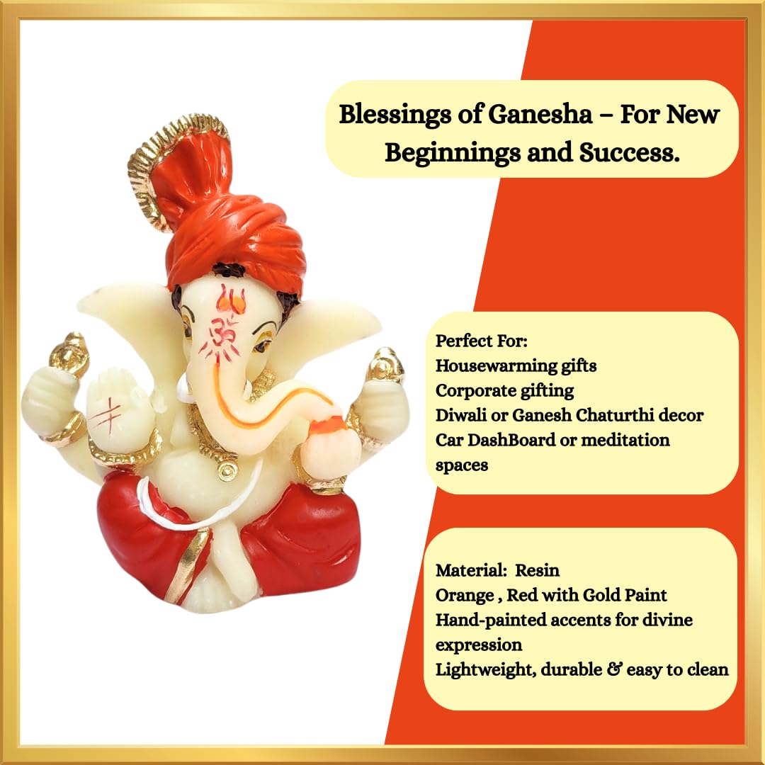 Gold Art India Polyresin Lord Ganesha Idol for Car Dashboard, Home, Office | Ganpati Statue for Mandir Decor | Handcrafted Ganesh Murti (2 x 2.5 inch, Red & Orange)