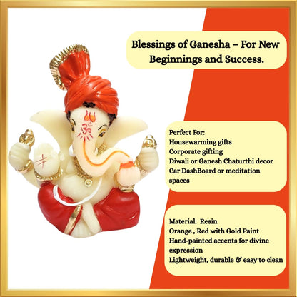 Gold Art India Polyresin Lord Ganesha Idol for Car Dashboard, Home, Office | Ganpati Statue for Mandir Decor | Handcrafted Ganesh Murti (2 x 2.5 inch, Red & Orange)