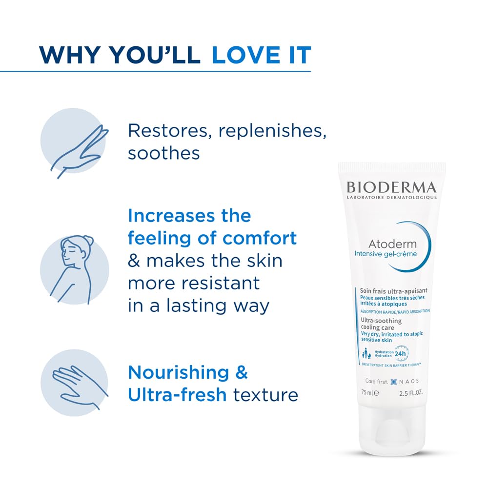 Bioderma Atoderm product with text highlighting benefits on a white background