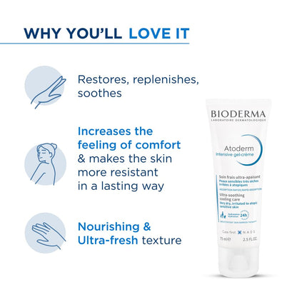 Bioderma Atoderm product with text highlighting benefits on a white background