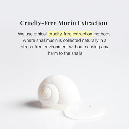 Cruelty-free mucin extraction text with a snail shell on a white background