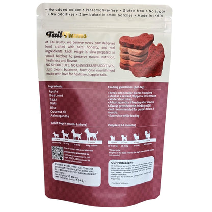 TailTrums Dog Biscuits – Apple Beetroot Cookies with Ashwagandha 250g | Healthy Dog Food | All Breeds - Cookies for Dog, Snacks for Dogs |