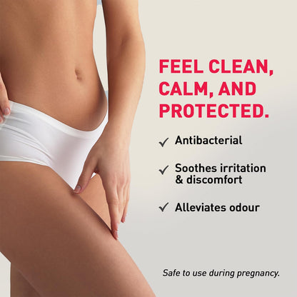 Person wearing white underwear with text highlighting product benefits on a light gray background