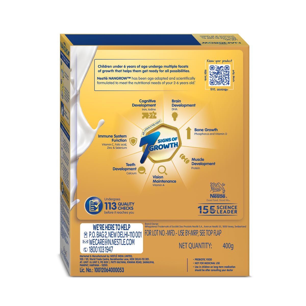 Nangrow Nutritious Milk Drink Powder For Growing Children Toddler Aged 2-6 Years | Contains DHA | Rich In Protein & Vital Nutrients | Creamy Vanilla Flavor, 400g, BIB Pack (Package May Vary)
