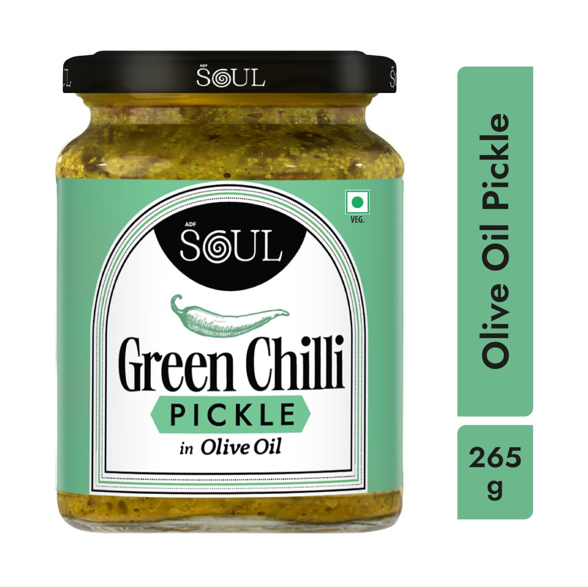 ADF Soul’s Spicy green chillies pickled in 100% Olive Oil with bold, tangy and traditional Indian spices | 265g