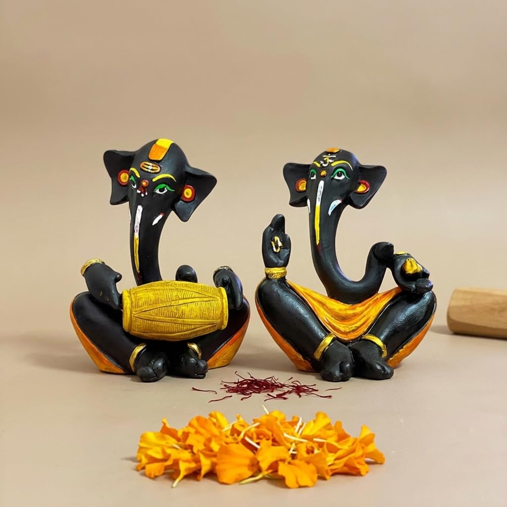 Beautiful Resin hawa Ganesha Statues for Home Decor (Pack of 2, Black & Yellow Colour)