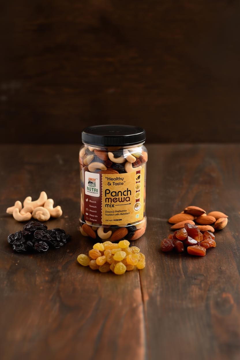 NUTRI HARVEST Premium Dry Fruits Mix pack (Panch mewa), Natural Blend of Almonds, Cashews,Black and green Raisins and diced Dates| Fit for Fasting 450 gram| (Re-sealable pack for freshness)