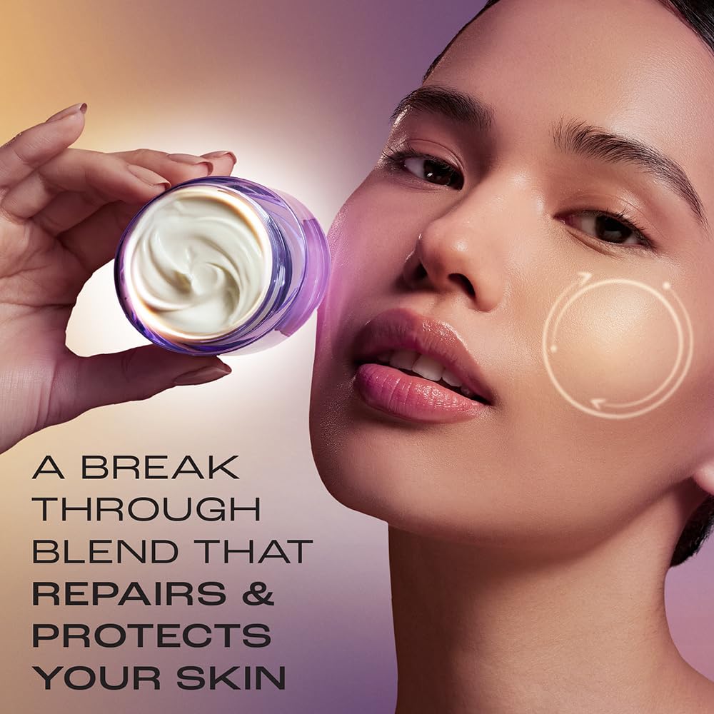 Woman holding a jar of cream with text about skin repair and protection.