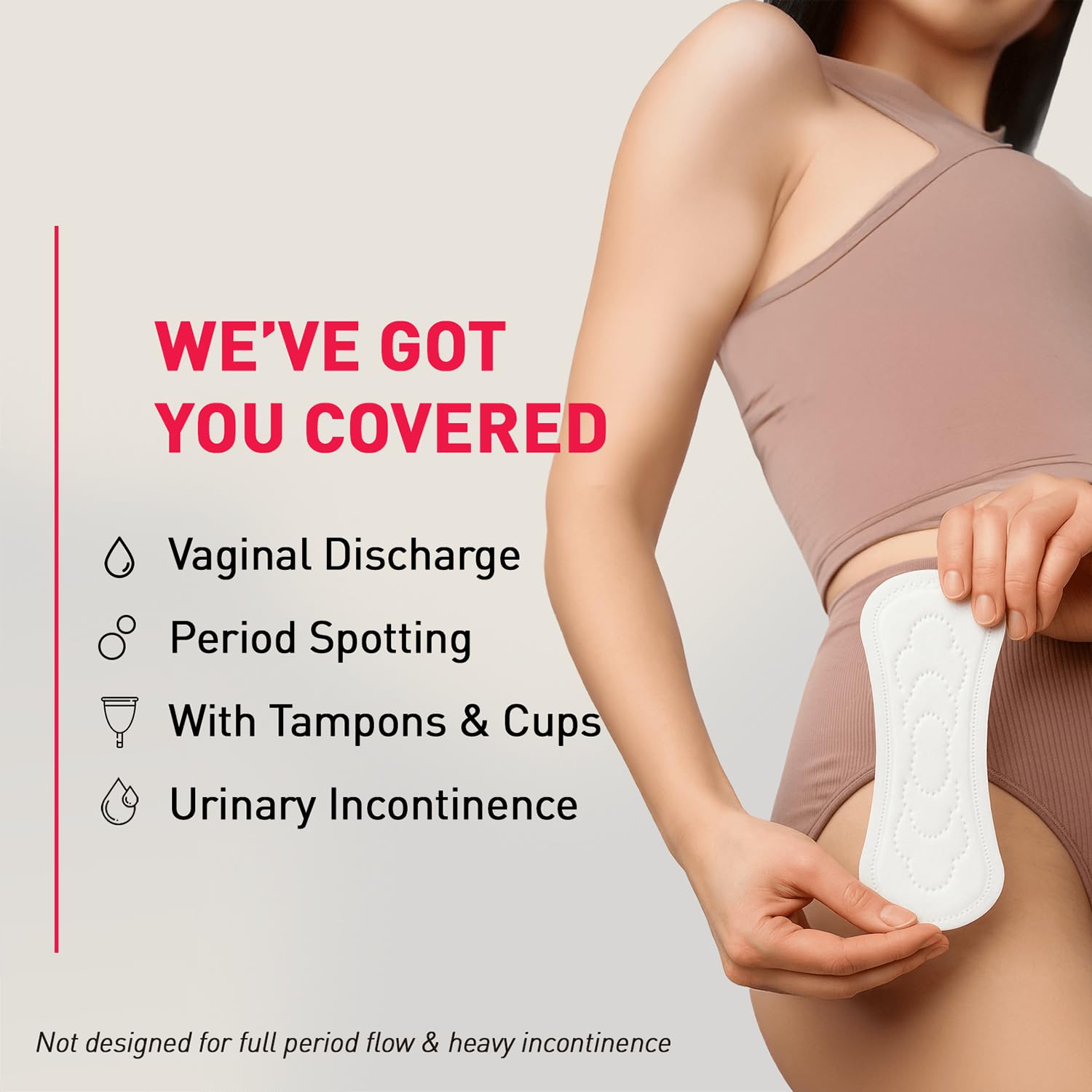 Woman holding a pad with text about product uses on a light gray background