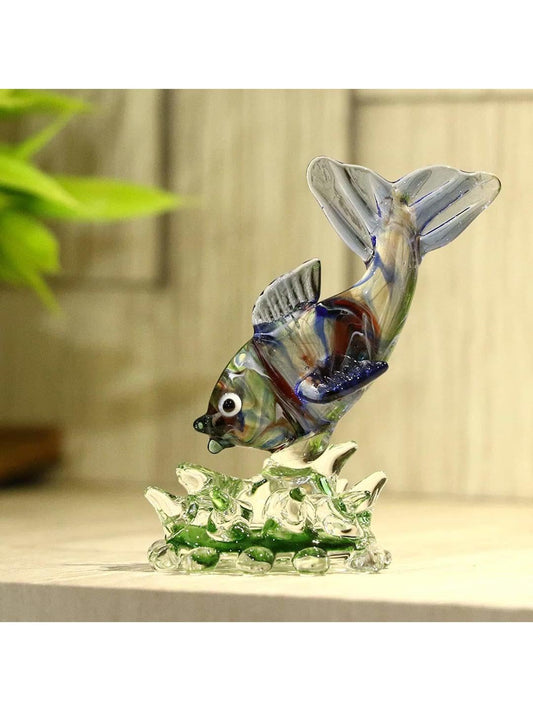 Enjoying Fish Crystal Glass Decorative Showpiece Handcrafted Gift Figurine Home Décor for Table, Shelf & Gifting Multi-Color,Pack of 1