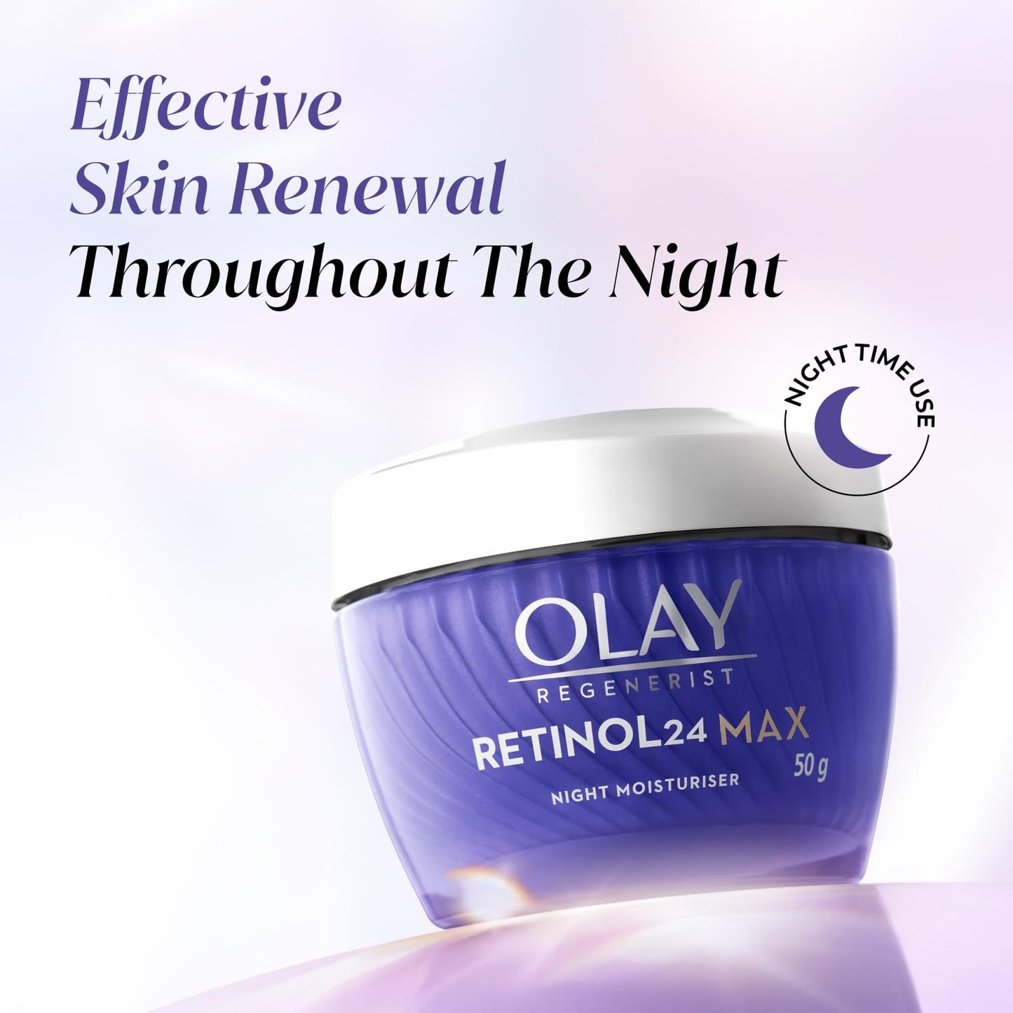 Olay Regenerist Retinol24 Max night moisturizer with text about effective skin renewal throughout the night on a light purple background.