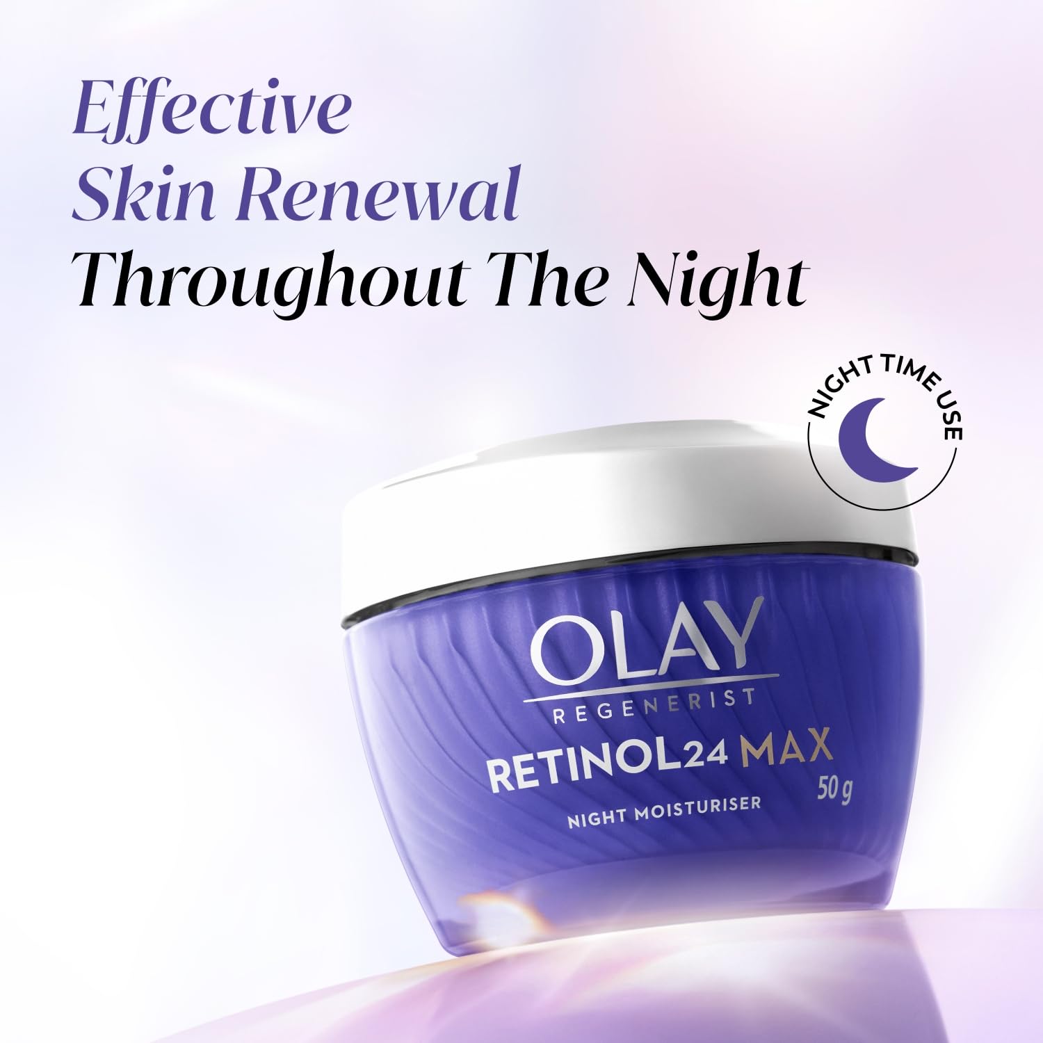 Olay Regenerist Retinol24 Max night moisturizer with text about effective skin renewal throughout the night on a light purple background.