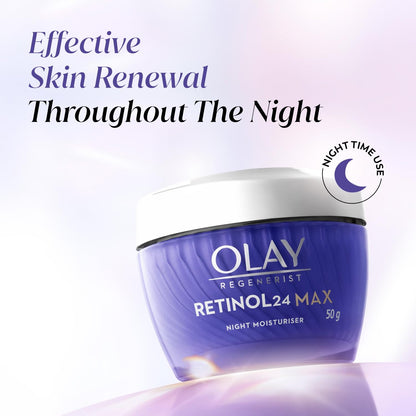 Olay Regenerist Retinol24 Max night moisturizer with text about effective skin renewal throughout the night on a light purple background.